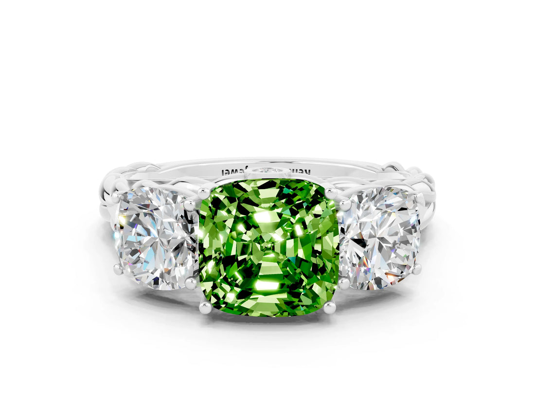 White gold Three-Stone Cushion Cut Peridot Braided Band Ring with Four-Prong Setting_12