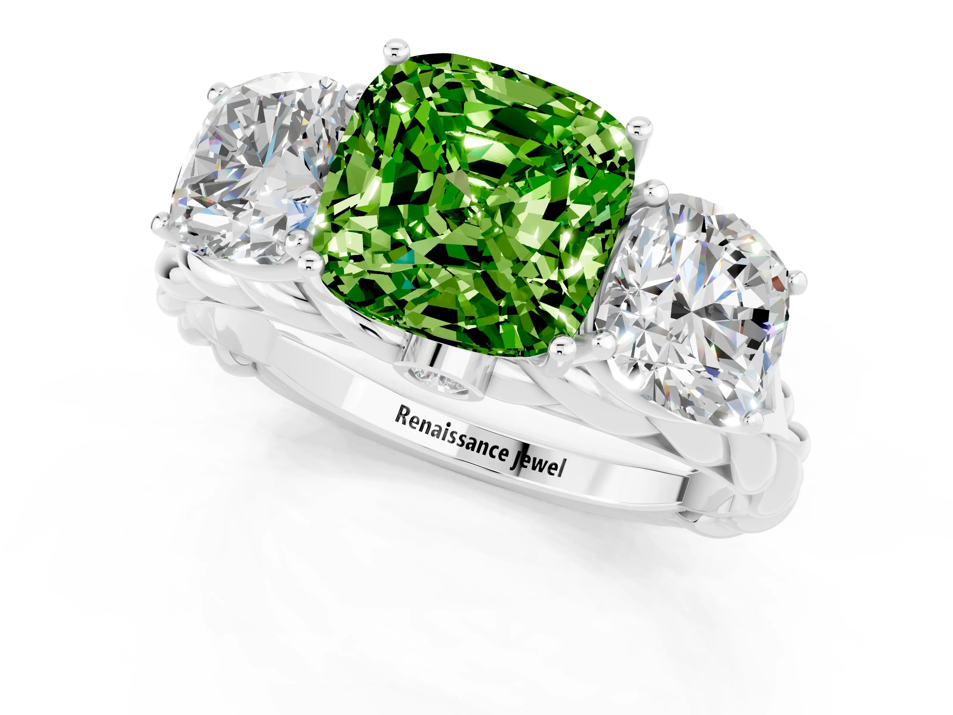 White gold Three-Stone Cushion Cut Peridot Braided Band Ring with Four-Prong Setting_13