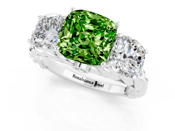 White gold Three-Stone Cushion Cut Peridot Braided Band Ring with Four-Prong Setting