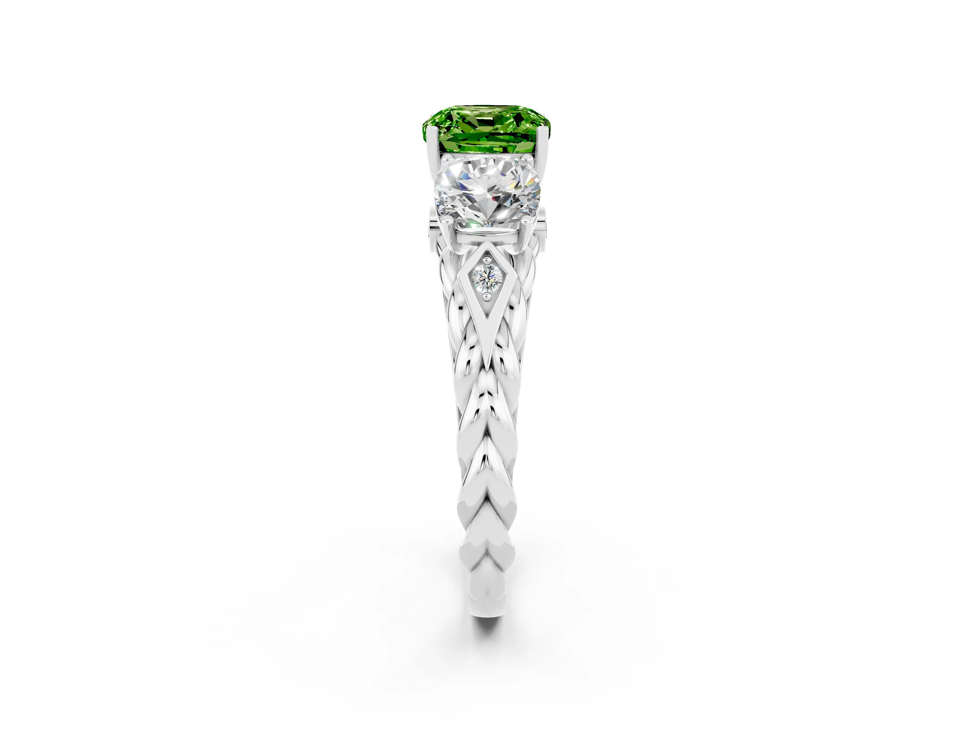 White gold Three-Stone Cushion Cut Peridot Braided Band Ring with Four-Prong Setting_14
