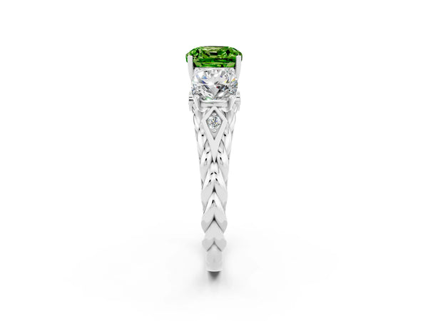 White gold Three-Stone Cushion Cut Peridot Braided Band Ring with Four-Prong Setting
