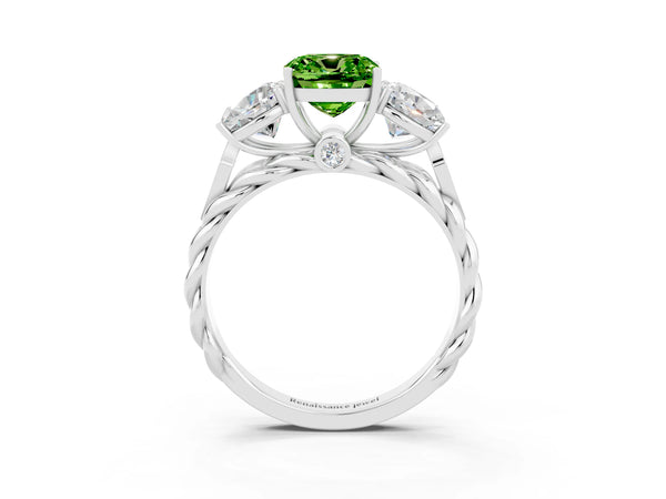 White gold Three-Stone Cushion Cut Peridot Braided Band Ring with Four-Prong Setting