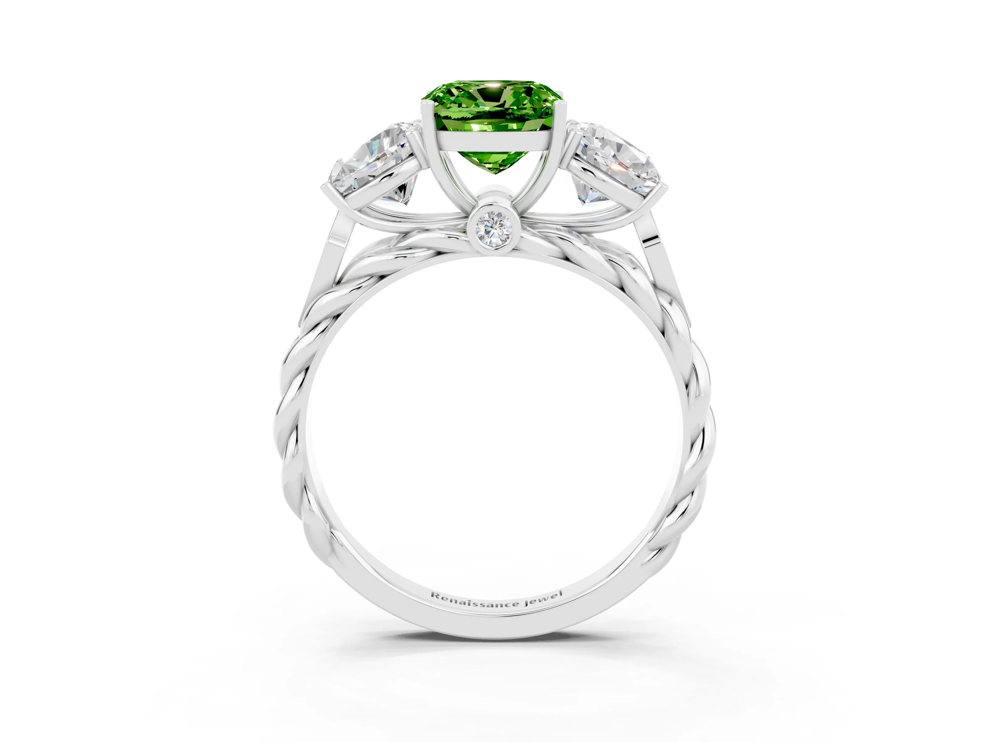 White gold Three-Stone Cushion Cut Peridot Braided Band Ring with Four-Prong Setting_15