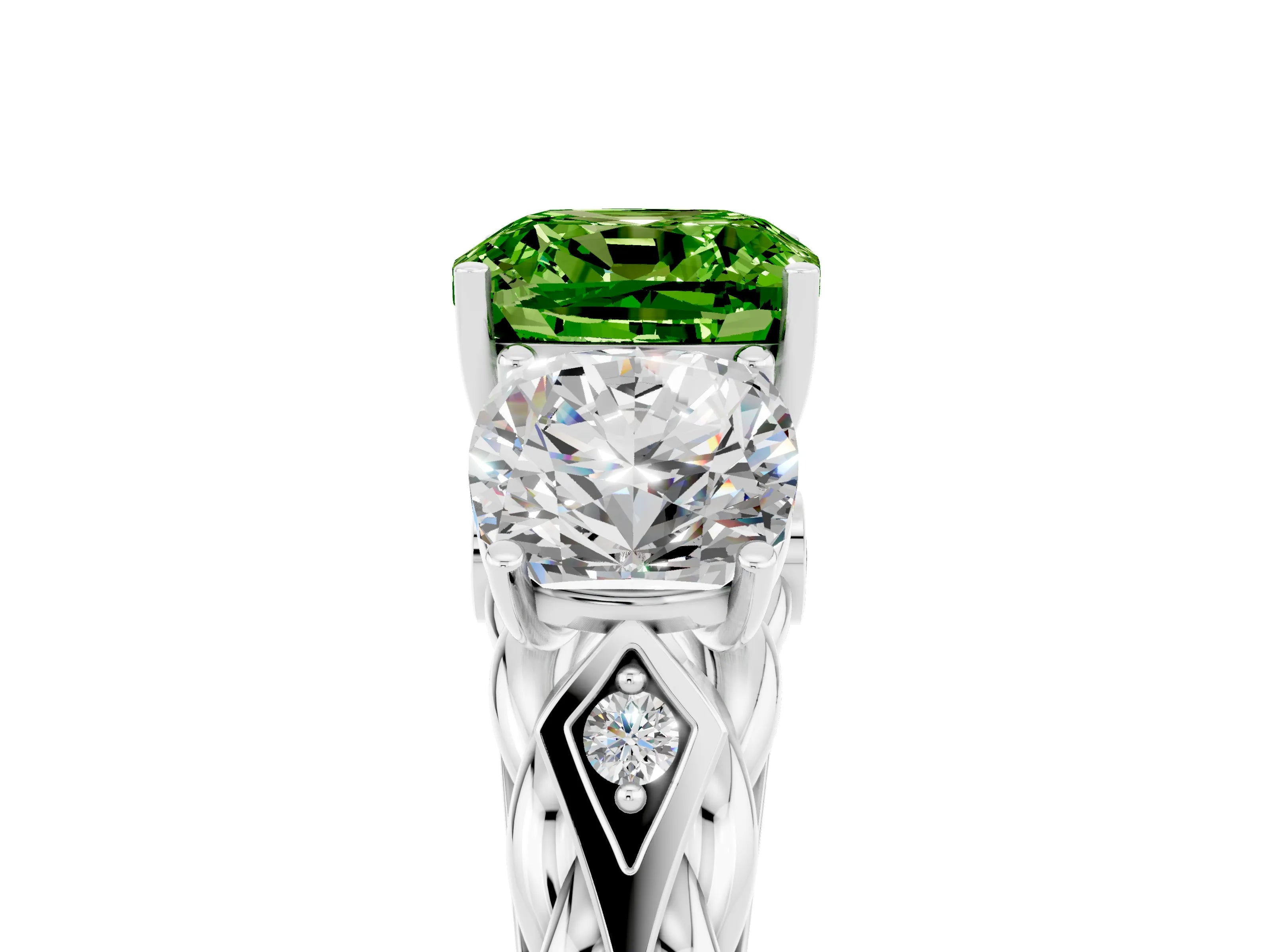 White gold Three-Stone Cushion Cut Peridot Braided Band Ring with Four-Prong Setting_17