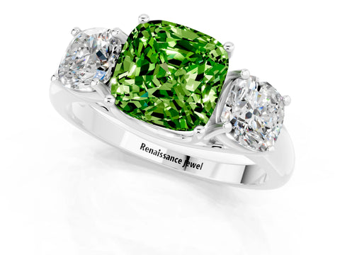 White gold Three-Stone Cushion Cut Peridot Engagement Ring with Prong Setting_1
