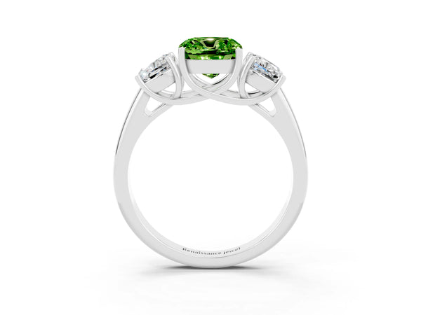 Platinum Three-Stone Cushion Cut Peridot Engagement Ring with Prong Setting