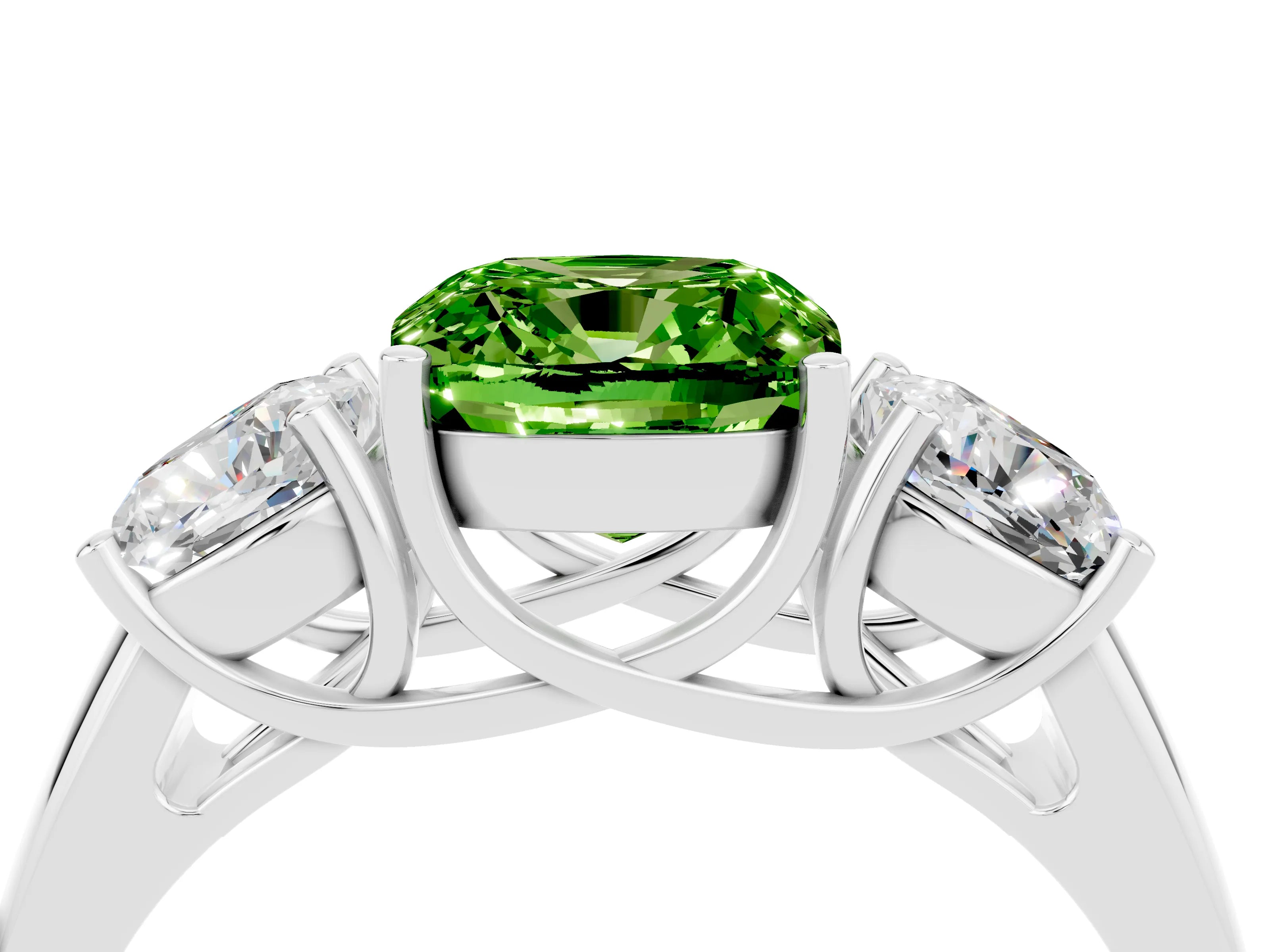 White gold Three-Stone Cushion Cut Peridot Engagement Ring with Prong Setting_4