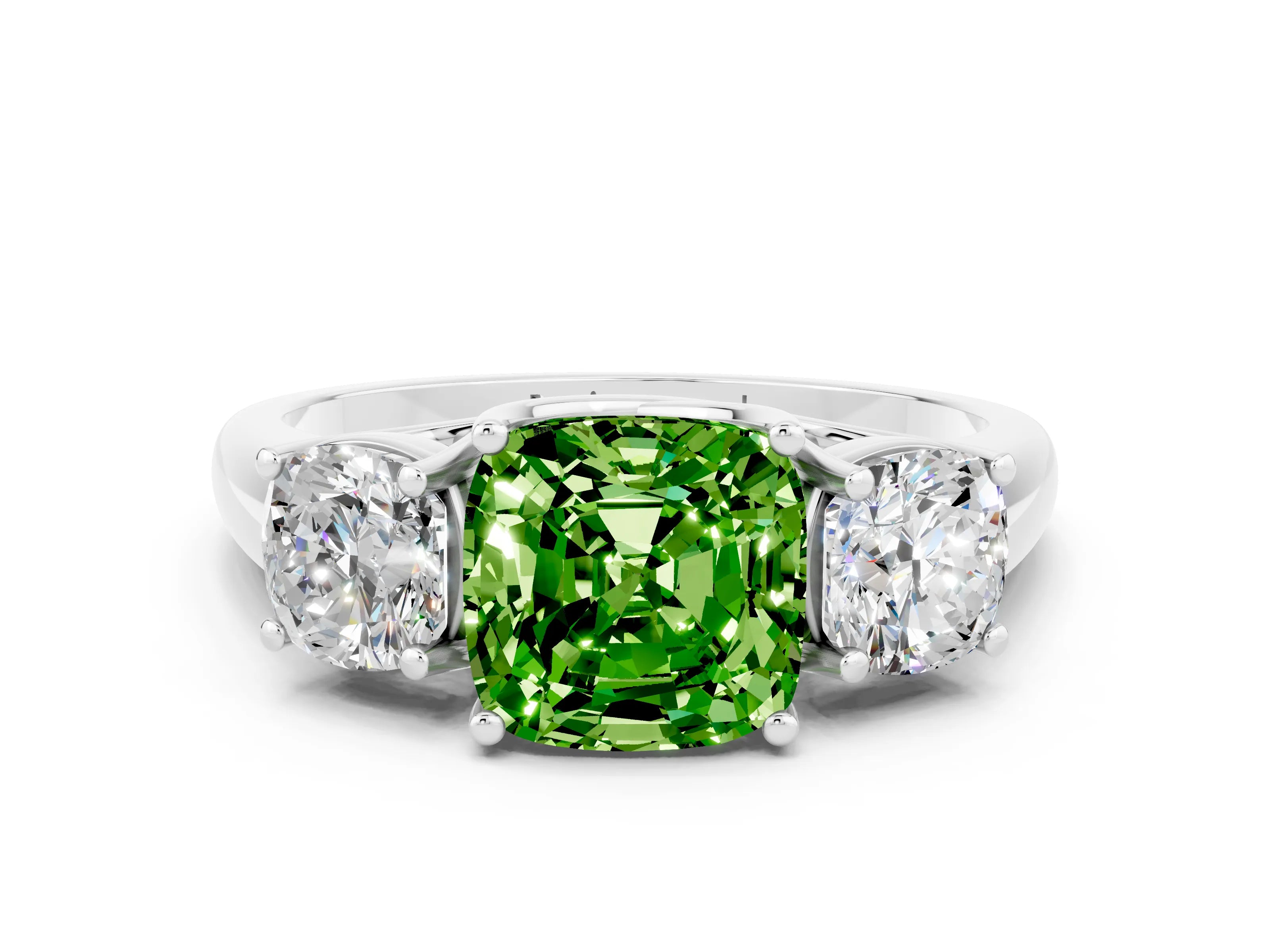 White gold Three-Stone Cushion Cut Peridot Engagement Ring with Prong Setting