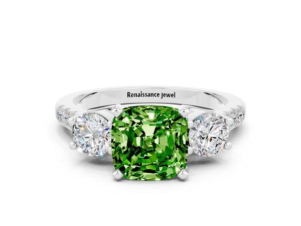 Platinum Three-Stone Cushion Cut Peridot Pavé Band with Four-Prong Setting