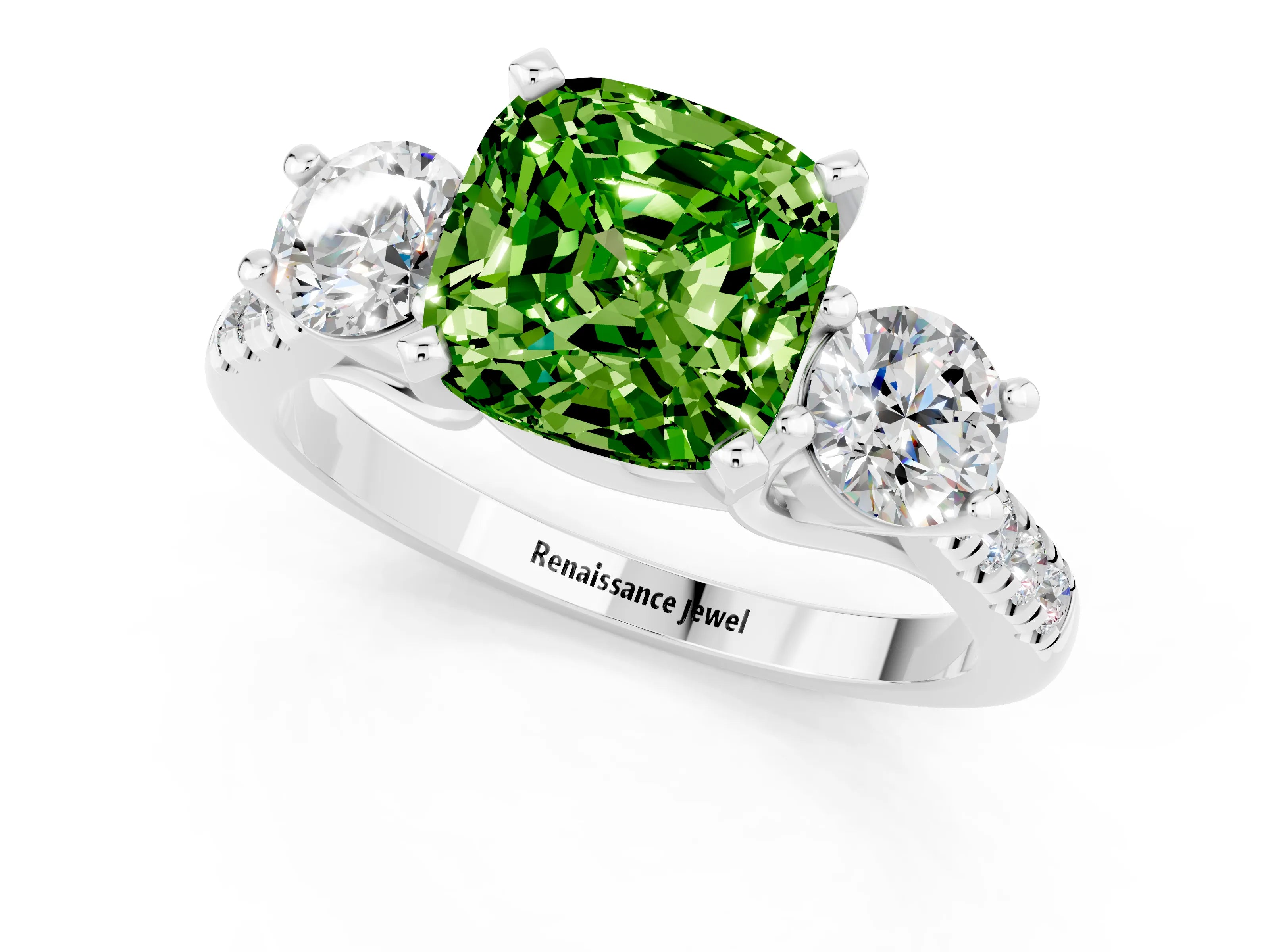 White gold Three-Stone Cushion Cut Peridot Pavé Band with Four-Prong Setting_1