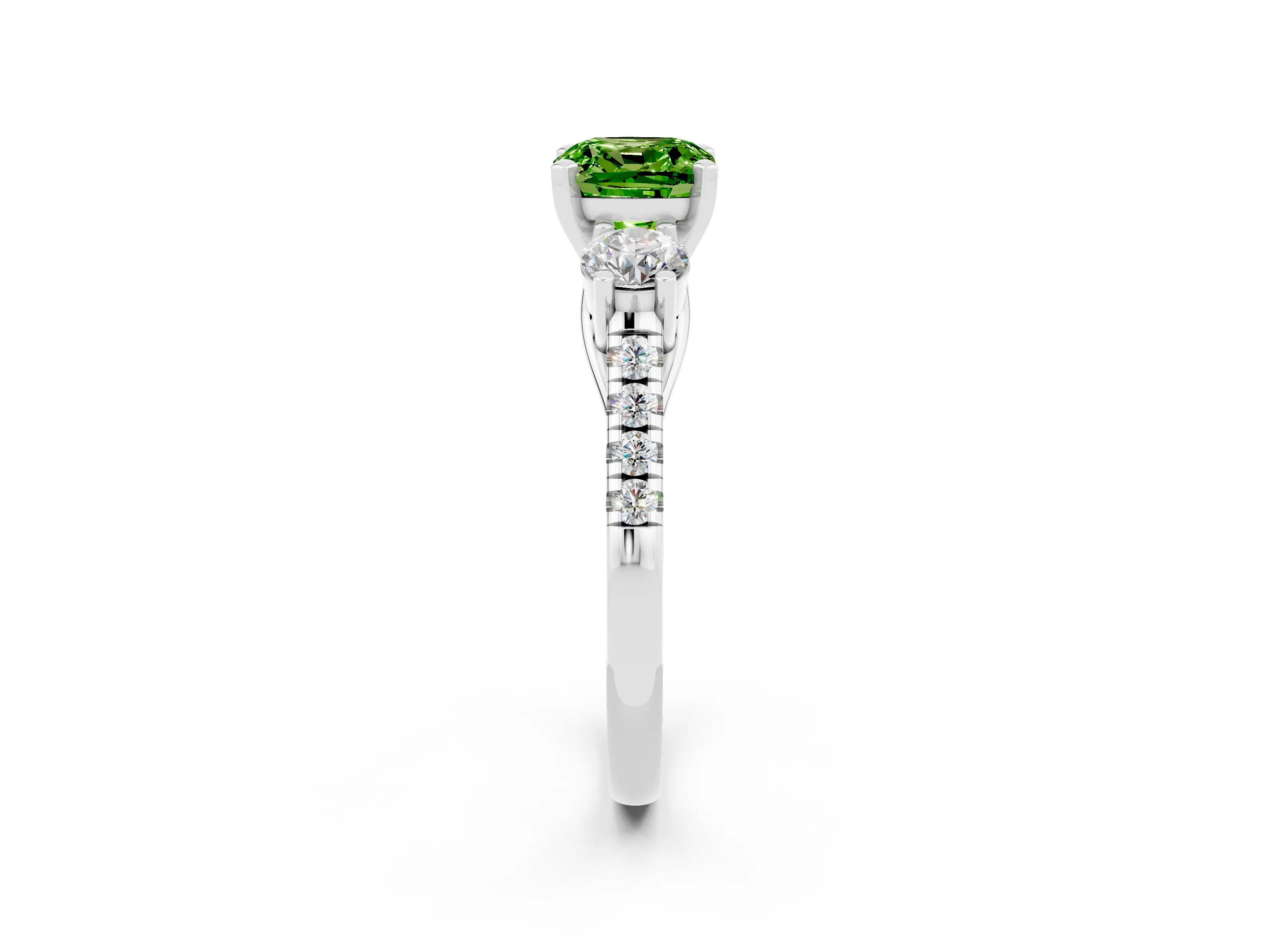 White gold Three-Stone Cushion Cut Peridot Pavé Band with Four-Prong Setting_2