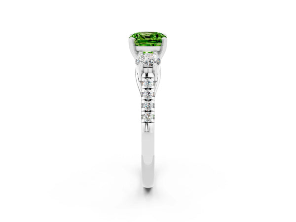 Silver Three-Stone Cushion Cut Peridot Pavé Band with Four-Prong Setting