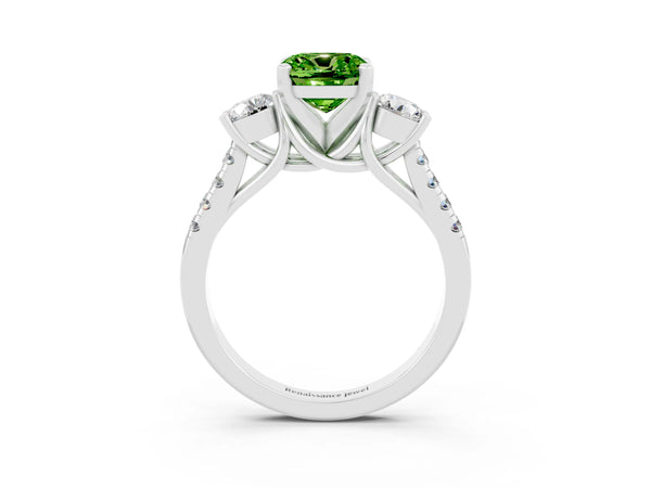 Platinum Three-Stone Cushion Cut Peridot Pavé Band with Four-Prong Setting