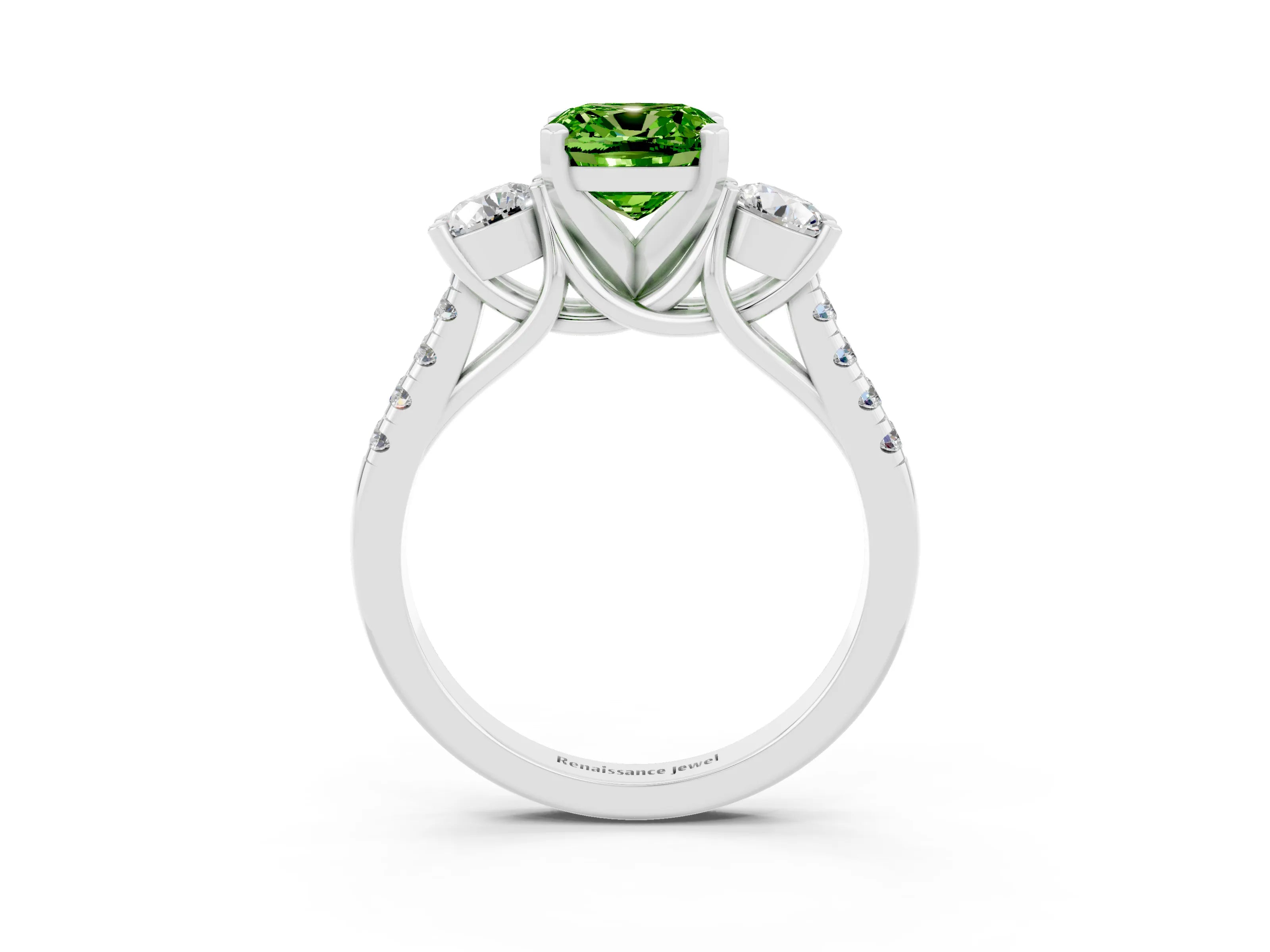 White gold Three-Stone Cushion Cut Peridot Pavé Band with Four-Prong Setting_3