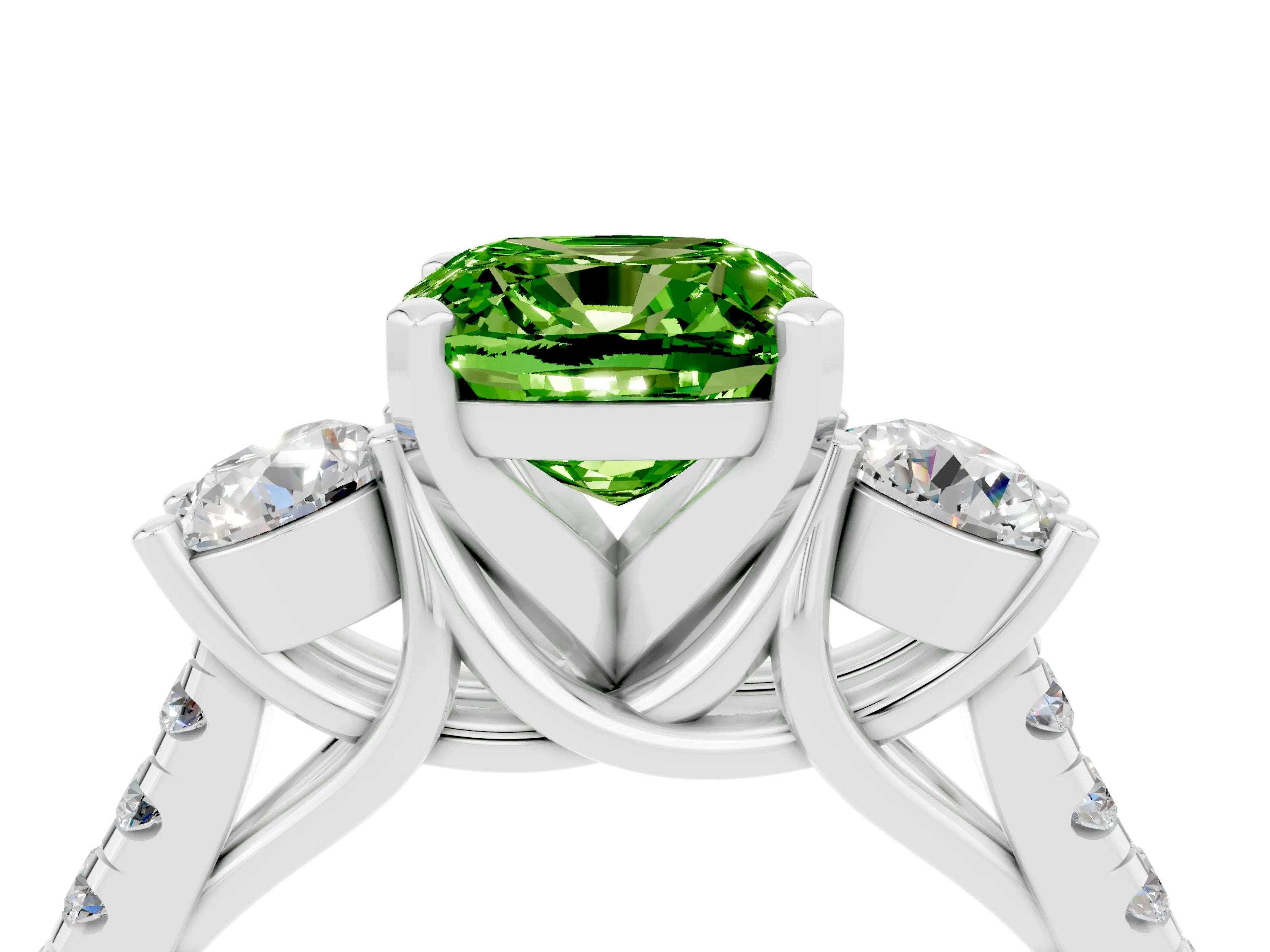 White gold Three-Stone Cushion Cut Peridot Pavé Band with Four-Prong Setting_4