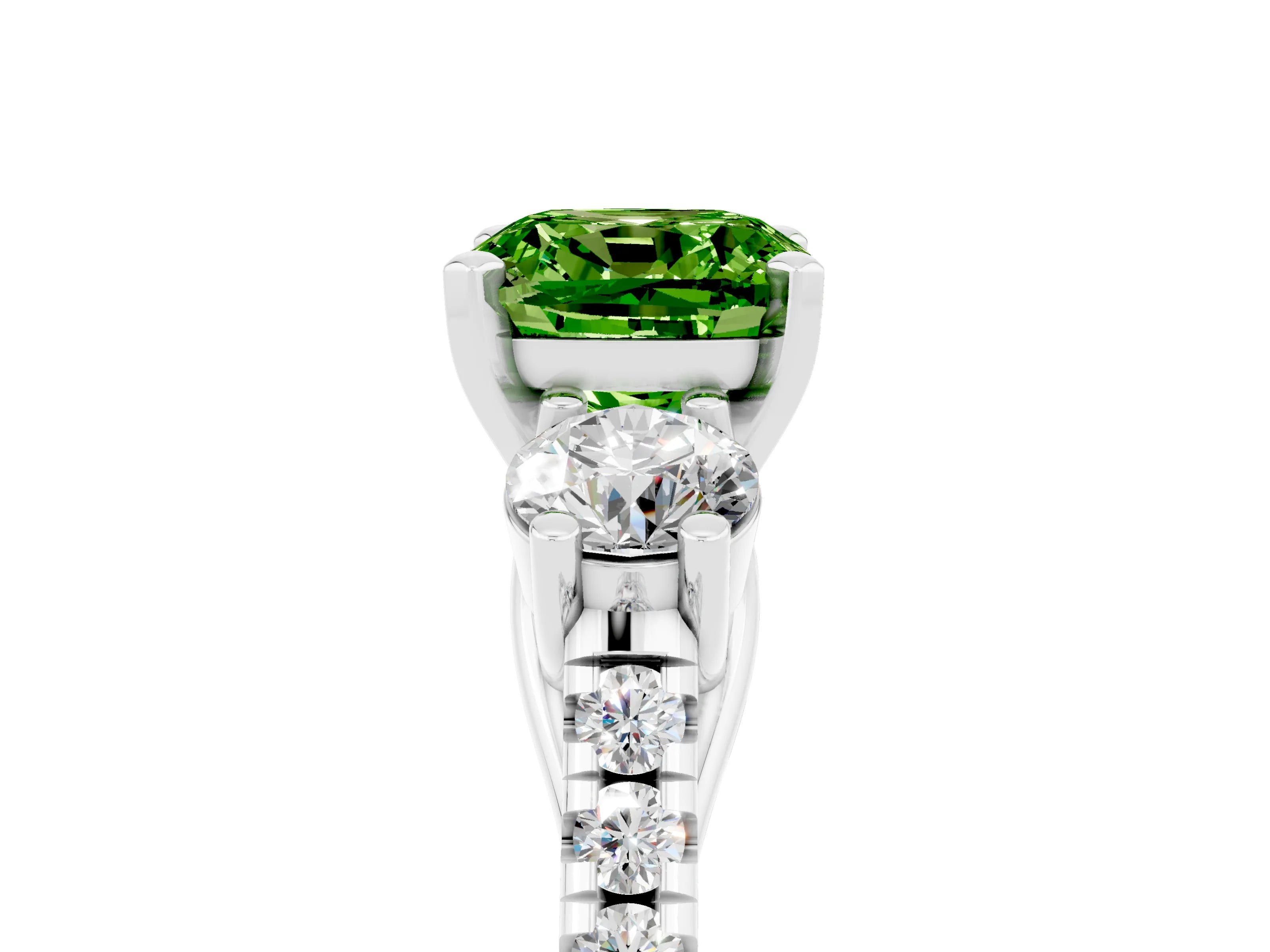 White gold Three-Stone Cushion Cut Peridot Pavé Band with Four-Prong Setting_5