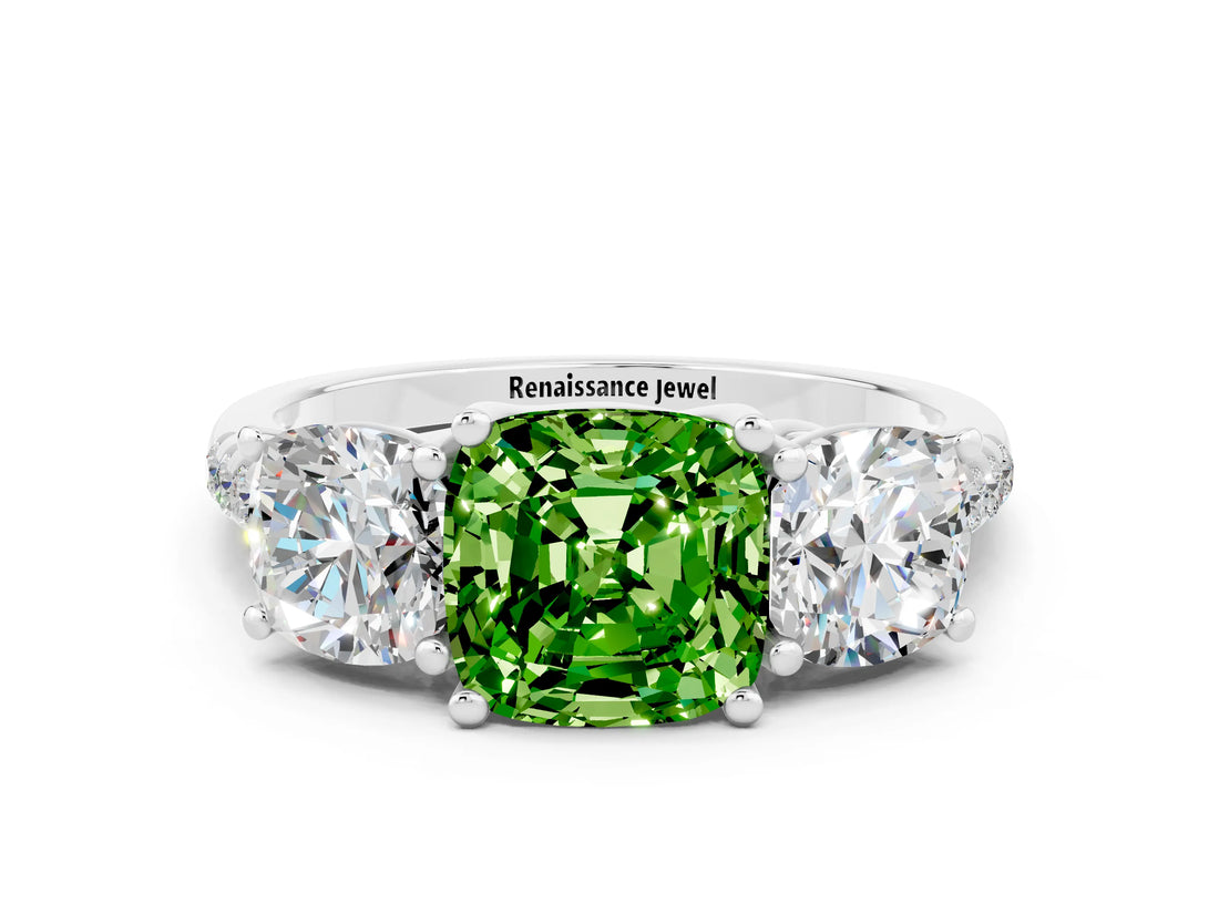 White gold Three-Stone Cushion Cut Peridot Ring with Pavé Band and Prong Setting_12
