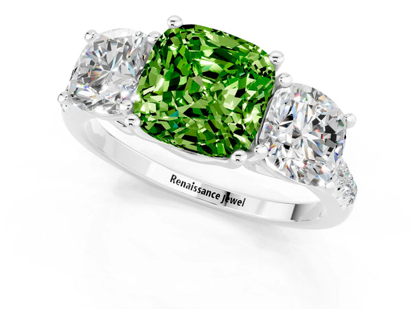 Silver Three-Stone Cushion Cut Peridot Ring with Round  Pavé Band and Prong Setting