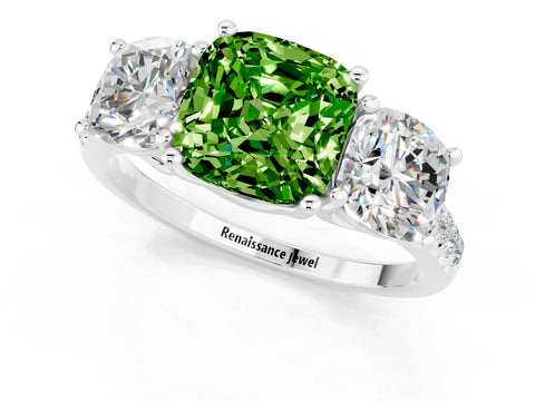 White gold Three-Stone Cushion Cut Peridot Ring with Pavé Band and Prong Setting_13