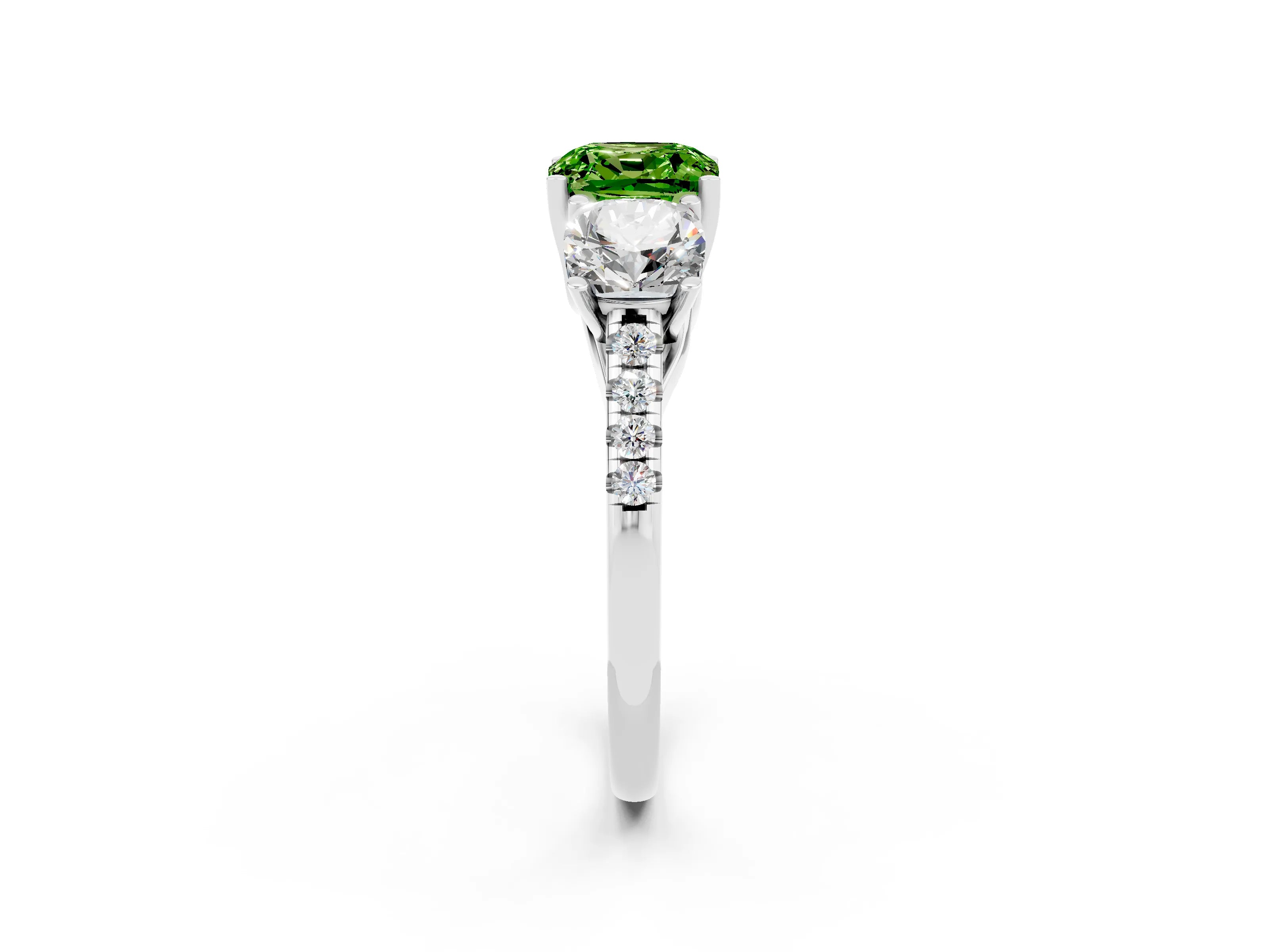 White gold Three-Stone Cushion Cut Peridot Ring with Pavé Band and Prong Setting_14