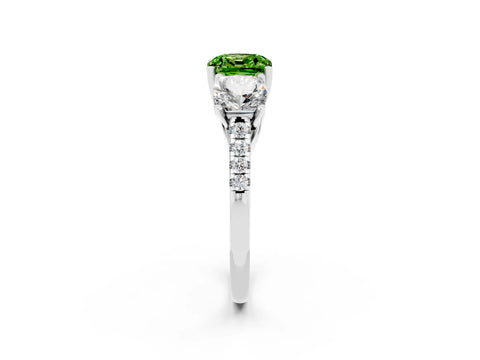 White gold Three-Stone Cushion Cut Peridot Ring with Pavé Band and Prong Setting_14