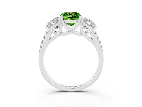 White gold Three-Stone Cushion Cut Peridot Ring with Pavé Band and Prong Setting_15