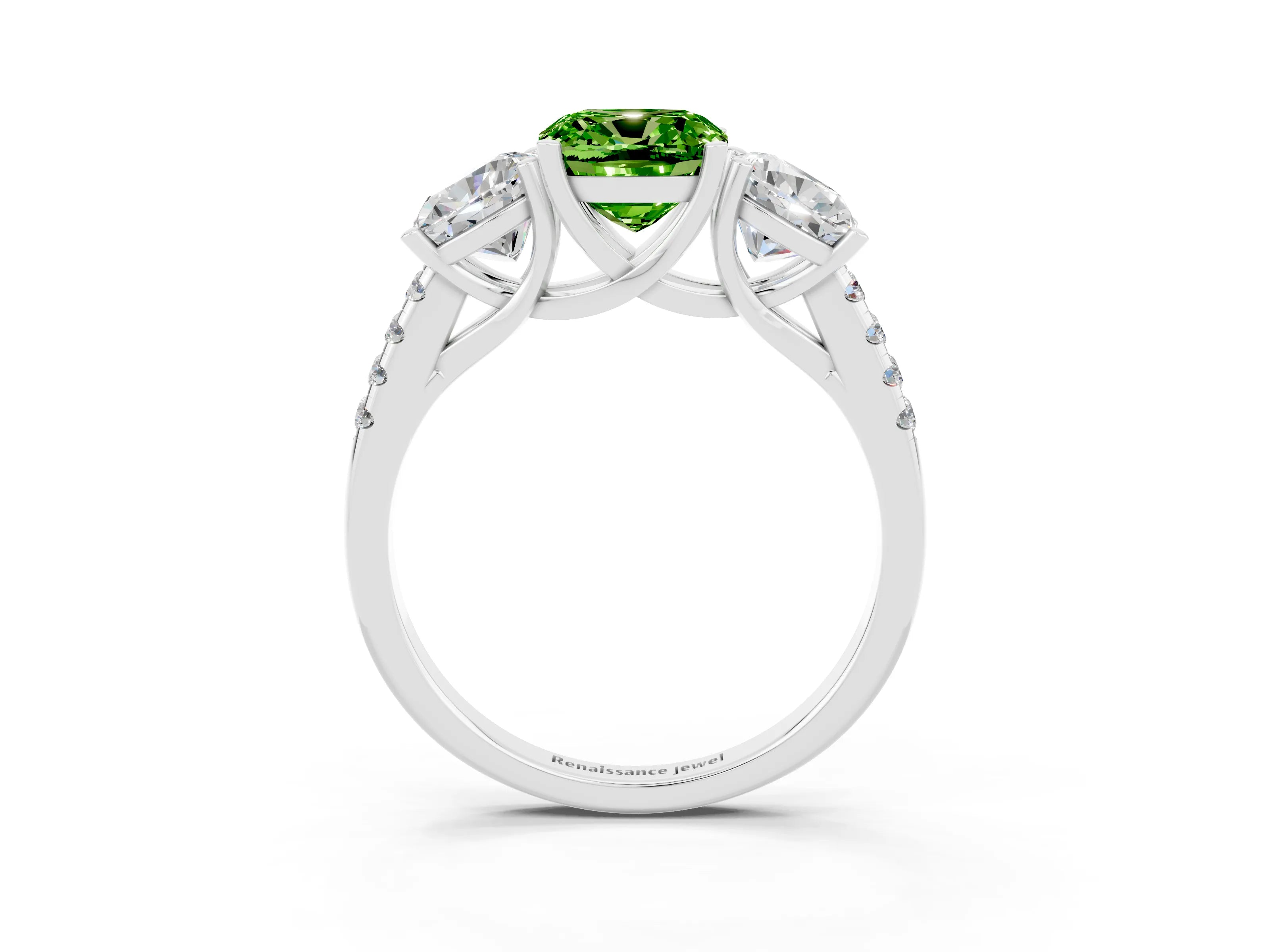 White gold Three-Stone Cushion Cut Peridot Ring with Pavé Band and Prong Setting_15