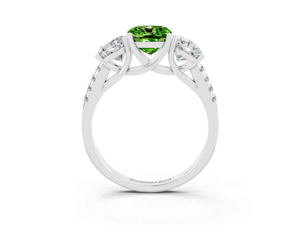 White gold Three-Stone Cushion Cut Peridot Ring with Round  Pavé Band and Prong Setting