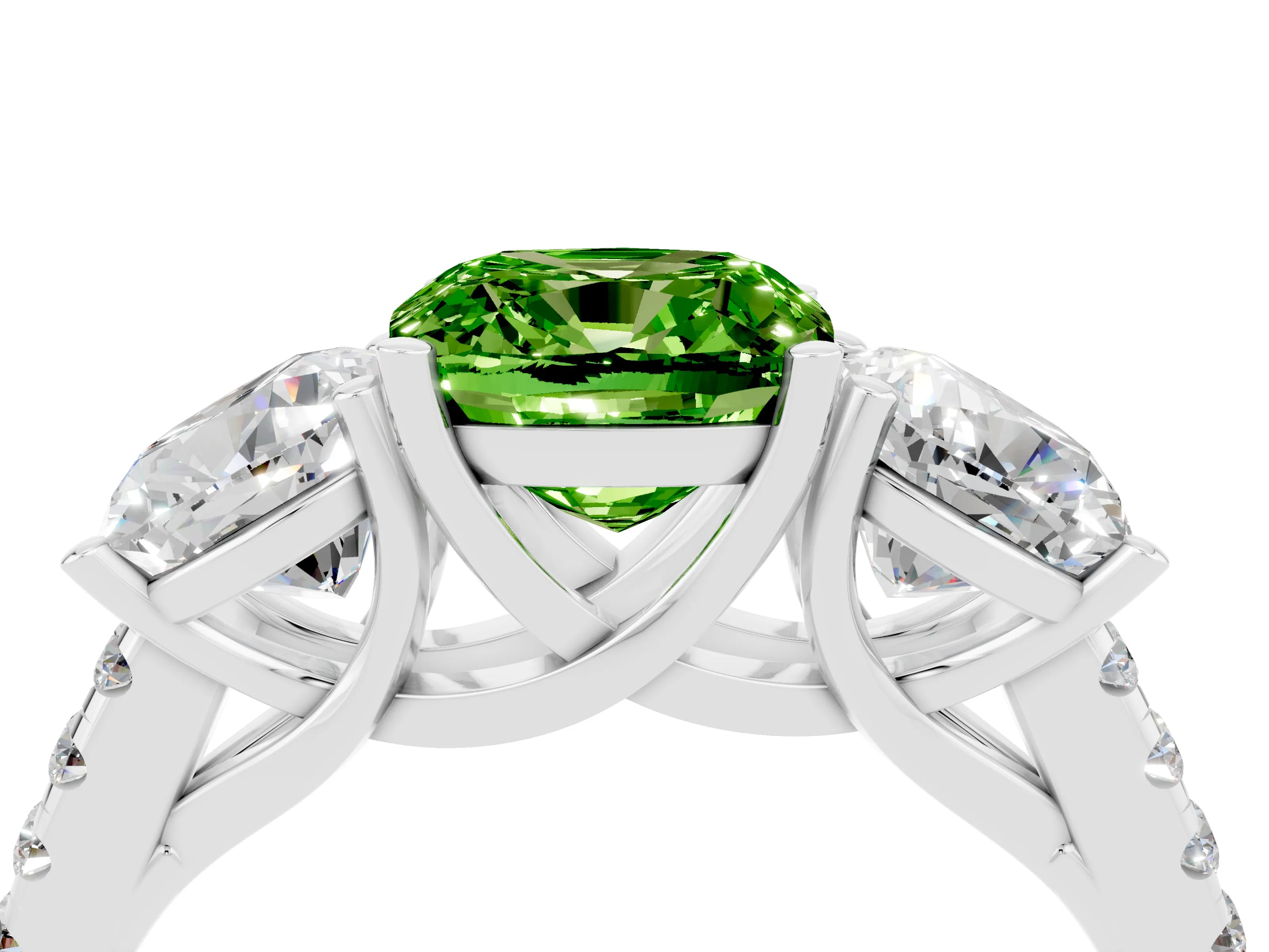 White gold Three-Stone Cushion Cut Peridot Ring with Pavé Band and Prong Setting_16