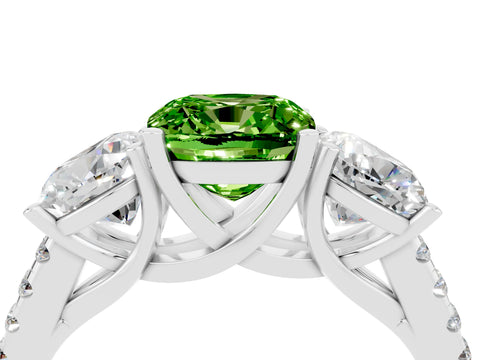 White gold Three-Stone Cushion Cut Peridot Ring with Pavé Band and Prong Setting_16