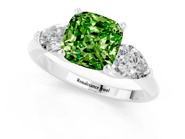 Platinum Three-Stone Cushion Cut Peridot Ring with Pear Side Stones and Four-Prong Setting