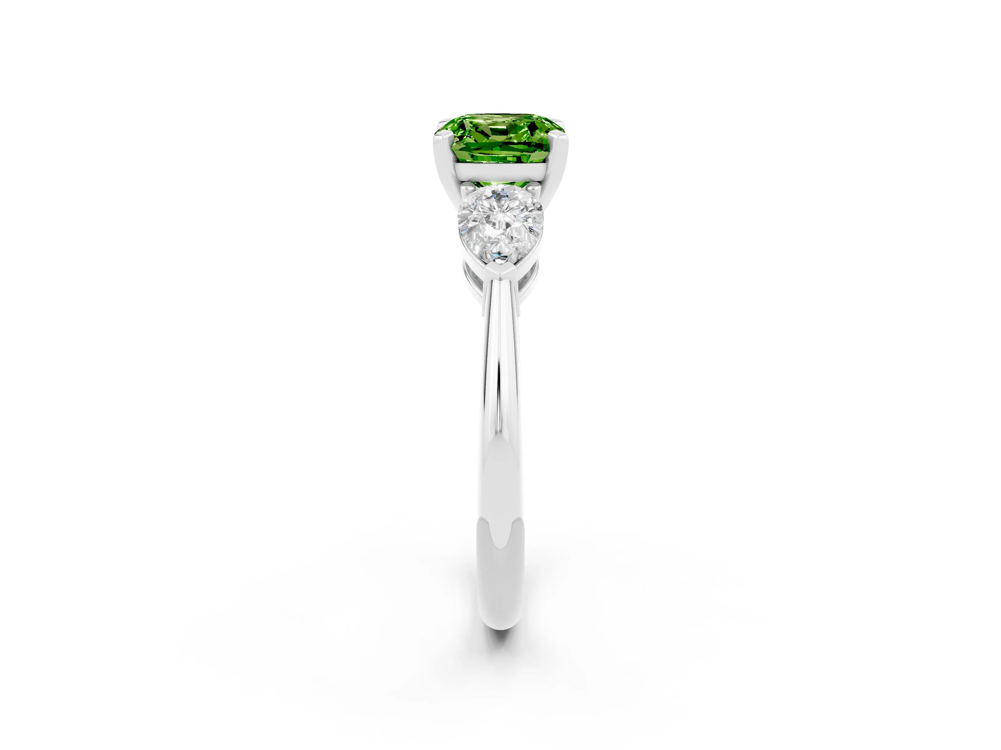 White gold Three-Stone Cushion Cut Peridot Ring with Pear Side Stones and Four-Prong Setting_2