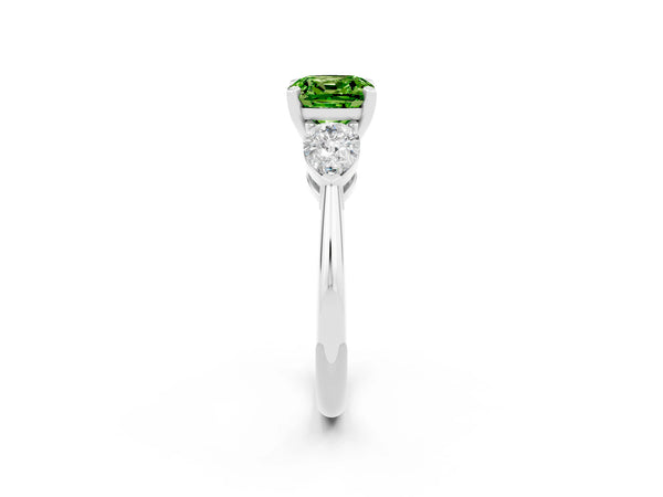 Platinum Three-Stone Cushion Cut Peridot Ring with Pear Side Stones and Four-Prong Setting