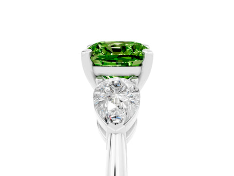 White gold Three-Stone Cushion Cut Peridot Ring with Pear Side Stones and Four-Prong Setting_5
