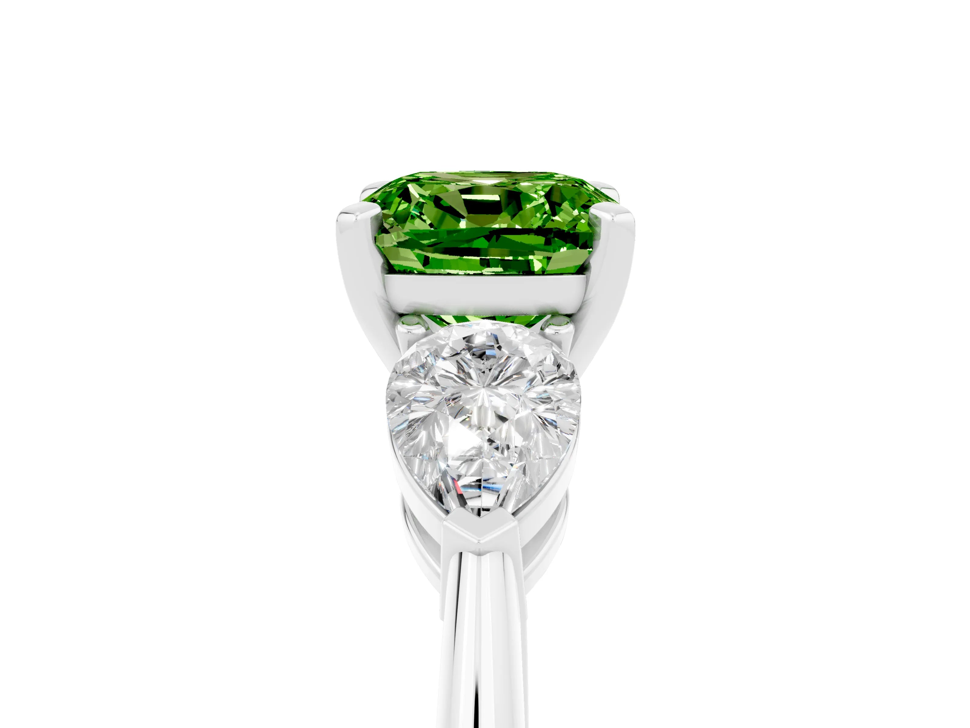 White gold Three-Stone Cushion Cut Peridot Ring with Pear Side Stones and Four-Prong Setting_5