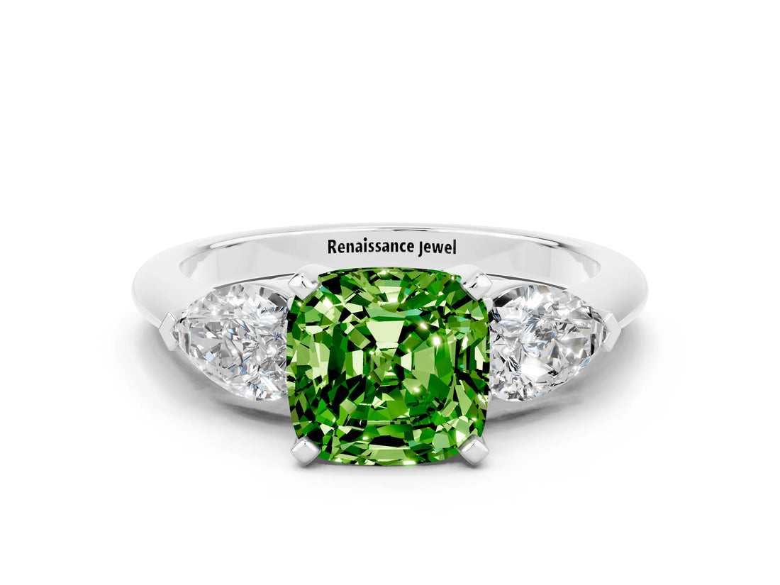 White gold Three-Stone Cushion Cut Peridot Ring with Pear Side Stones and Four-Prong Setting