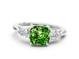 White gold Three-Stone Cushion Cut Peridot Ring with Pear  Side Stones in Four-Prong Setting_12
