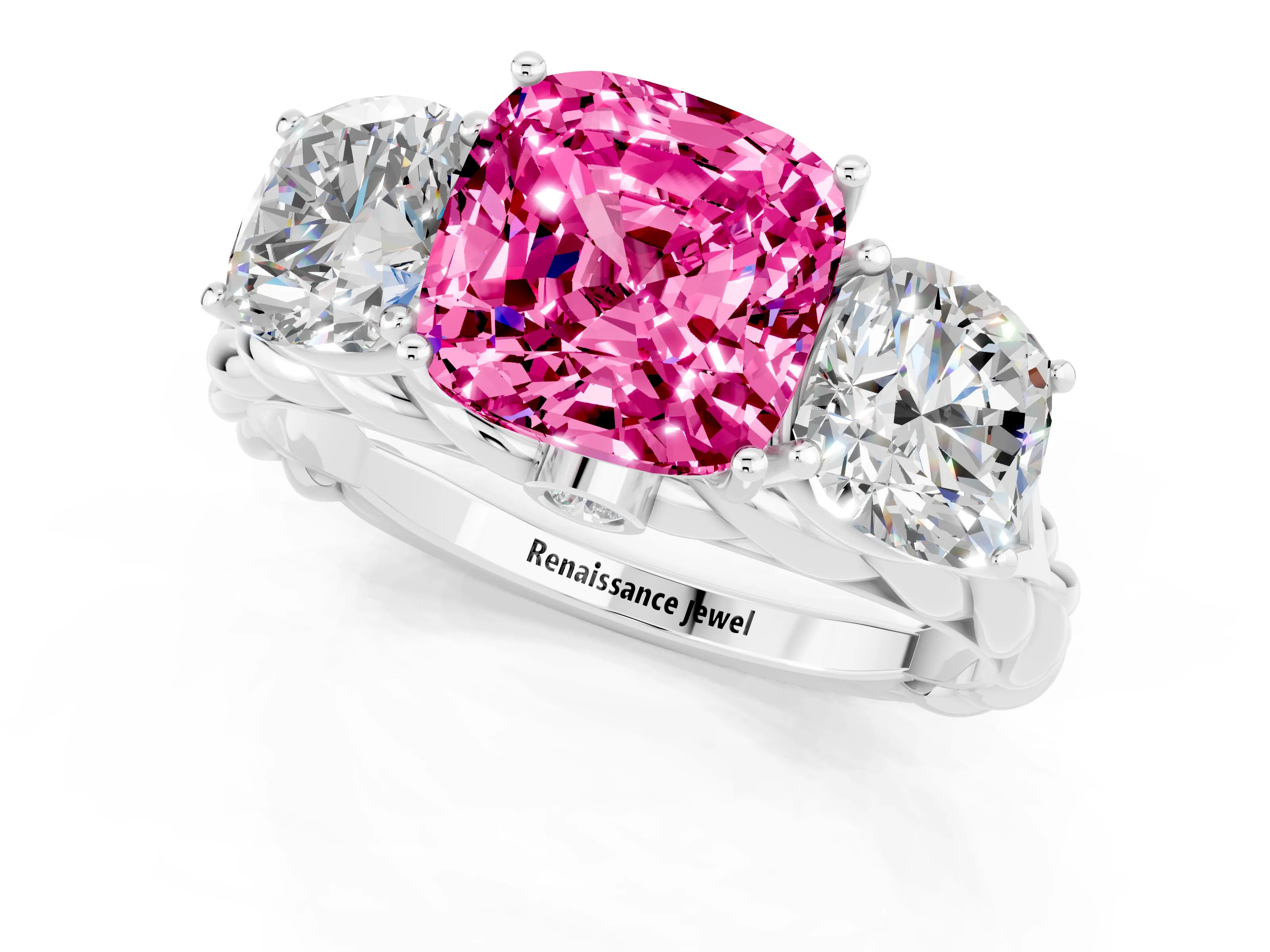 White gold Three-Stone Cushion Cut Pink Sapphire Braided Band Ring with Four-Prong Setting_58