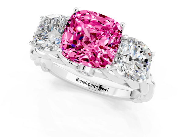 White gold Three-Stone Cushion Cut Pink Sapphire Braided Band Ring with Four-Prong Setting