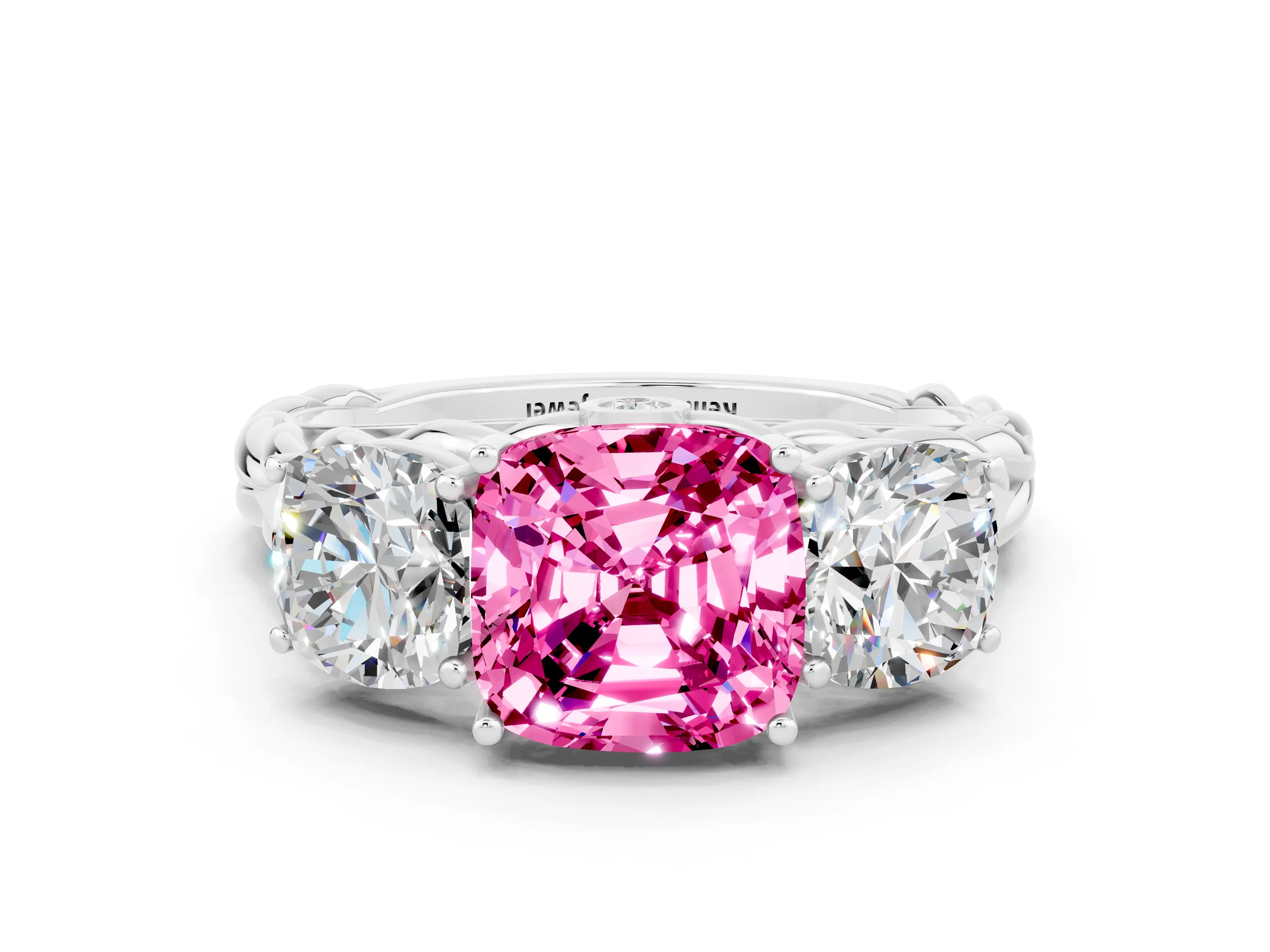 White gold Three-Stone Cushion Cut Pink Sapphire Braided Band Ring with Four-Prong Setting_60