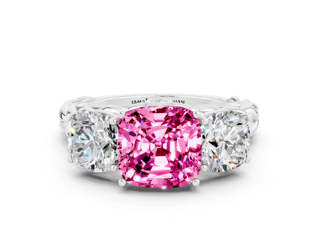 White gold Three-Stone Cushion Cut Pink Sapphire Braided Band Ring with Four-Prong Setting_60