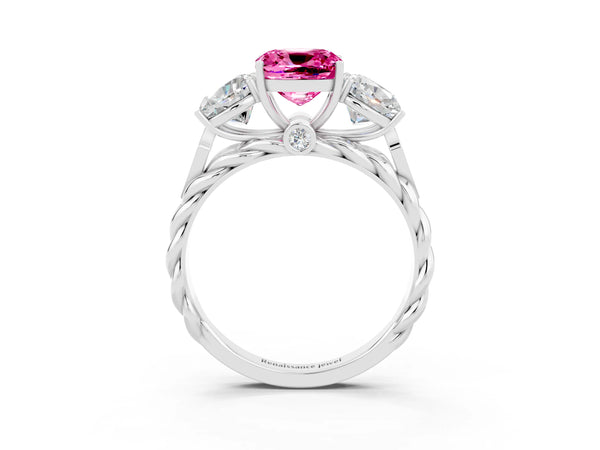 White gold Three-Stone Cushion Cut Pink Sapphire Braided Band Ring with Four-Prong Setting