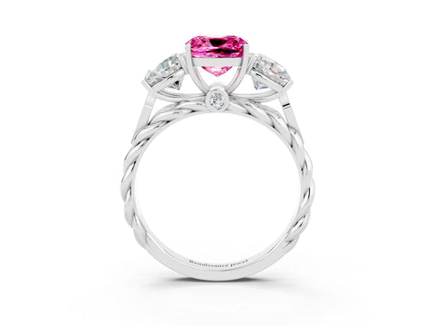 White gold Three-Stone Cushion Cut Pink Sapphire Braided Band Ring with Four-Prong Setting_60