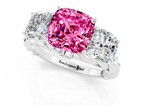White gold Three-Stone Cushion Cut Pink Sapphire Braided Band Ring with Four-Prong Setting_61