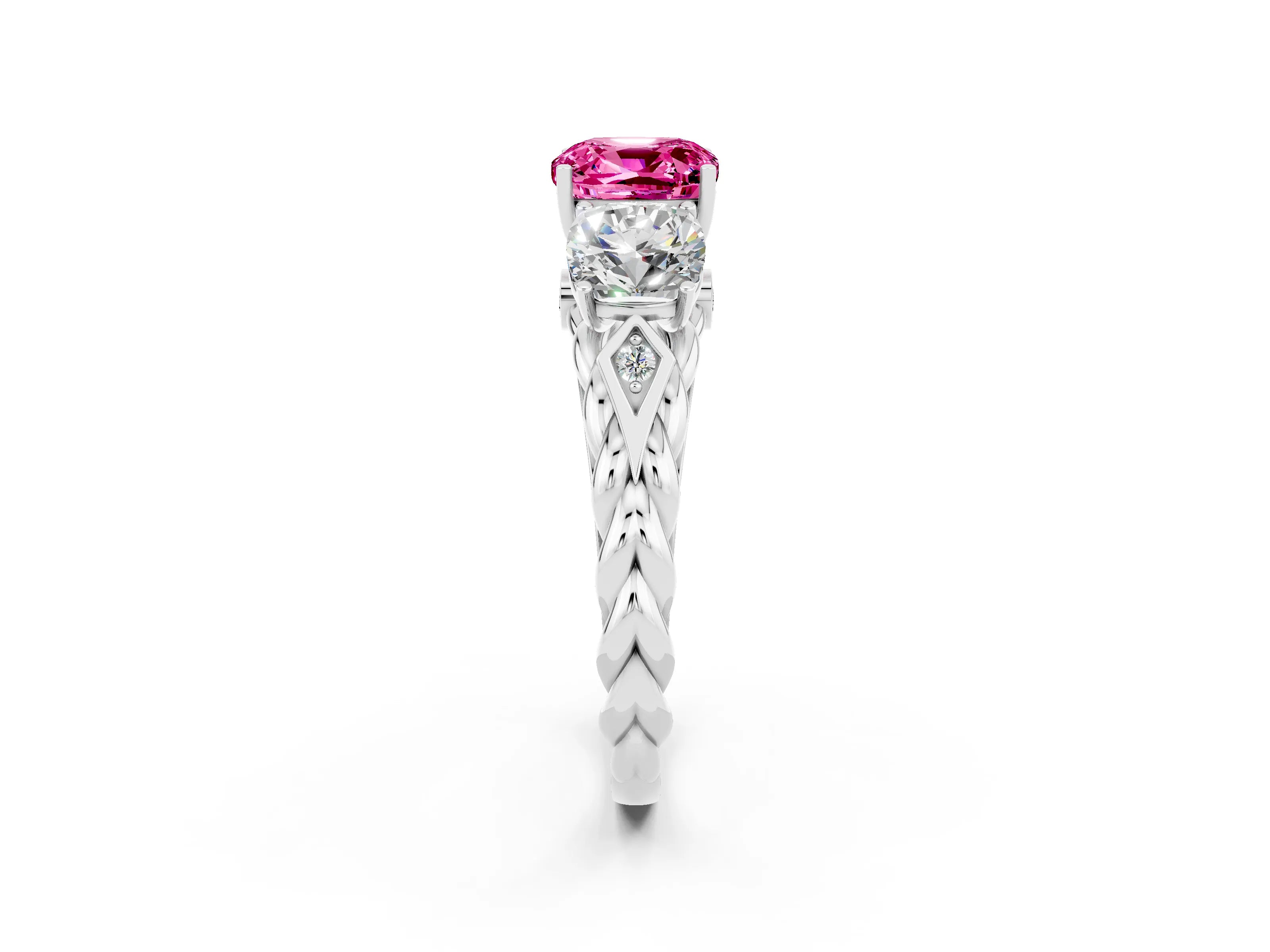 White gold Three-Stone Cushion Cut Pink Sapphire Braided Band Ring with Four-Prong Setting_62