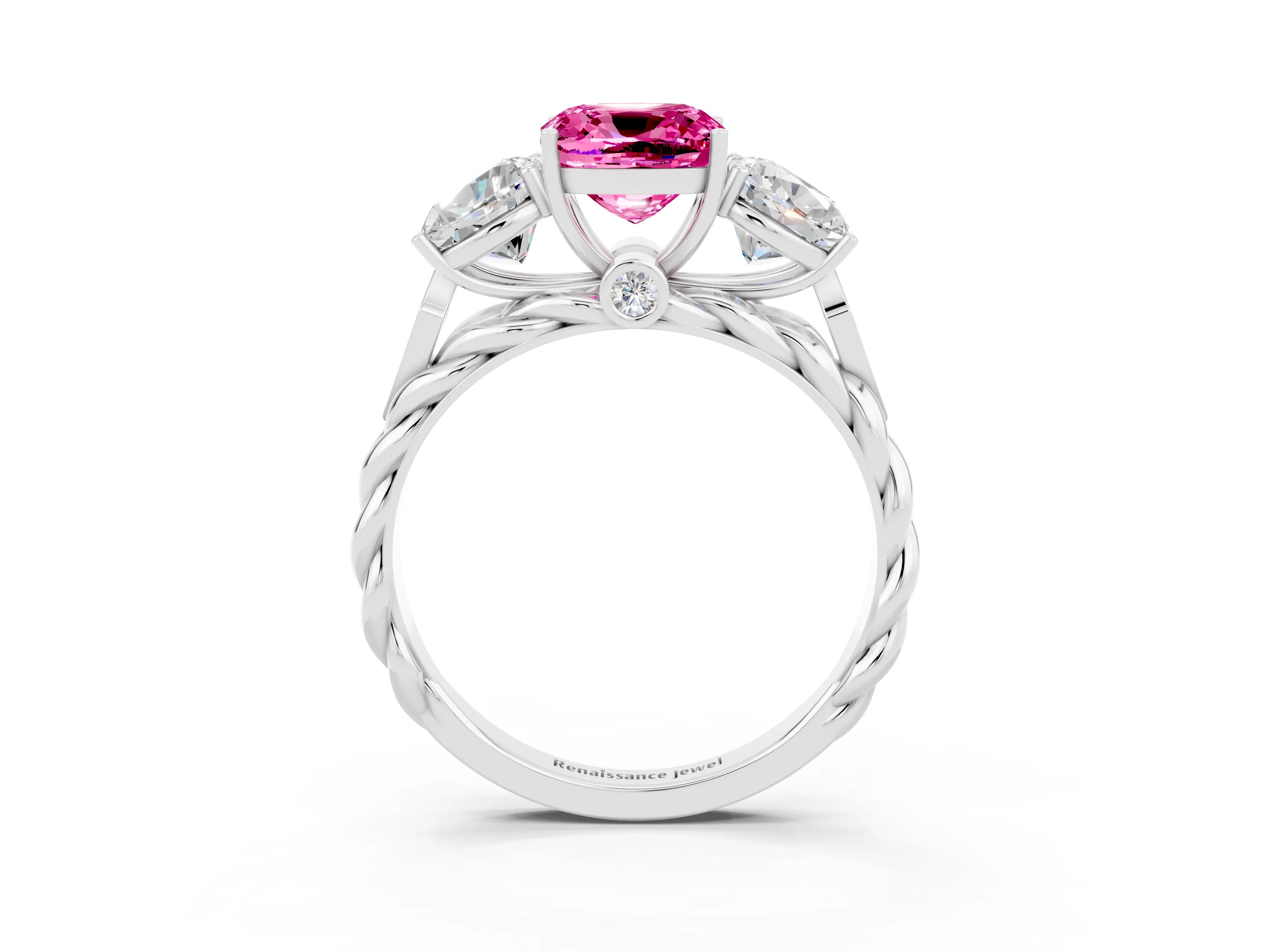 White gold Three-Stone Cushion Cut Pink Sapphire Braided Band Ring with Four-Prong Setting_63