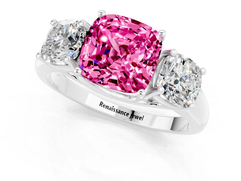 White gold Three-Stone Cushion Cut Pink Sapphire Engagement Ring with Prong Setting_1