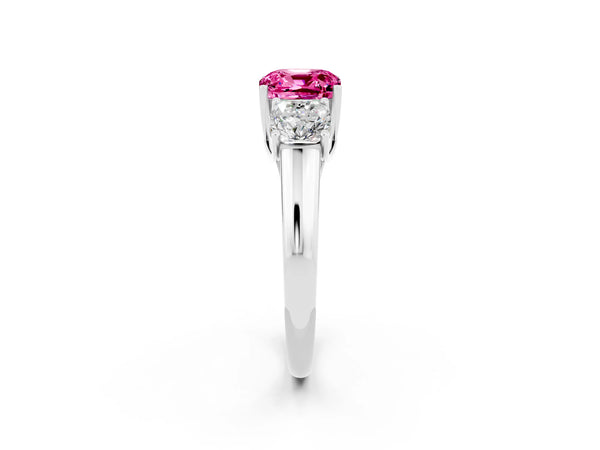 Silver Three-Stone Cushion Cut Pink Sapphire Engagement Ring with Prong Setting