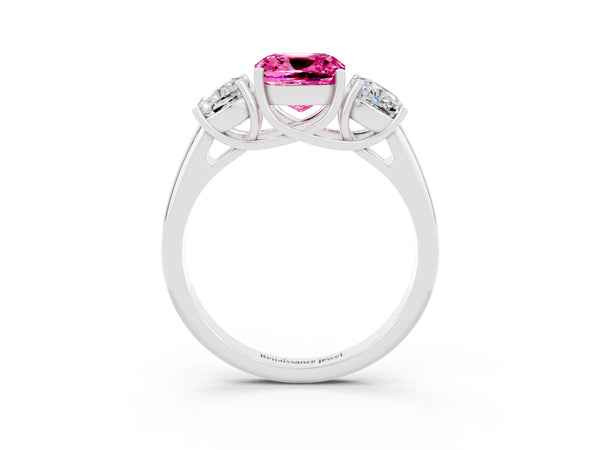White gold Three-Stone Cushion Cut Pink Sapphire Engagement Ring with Prong Setting