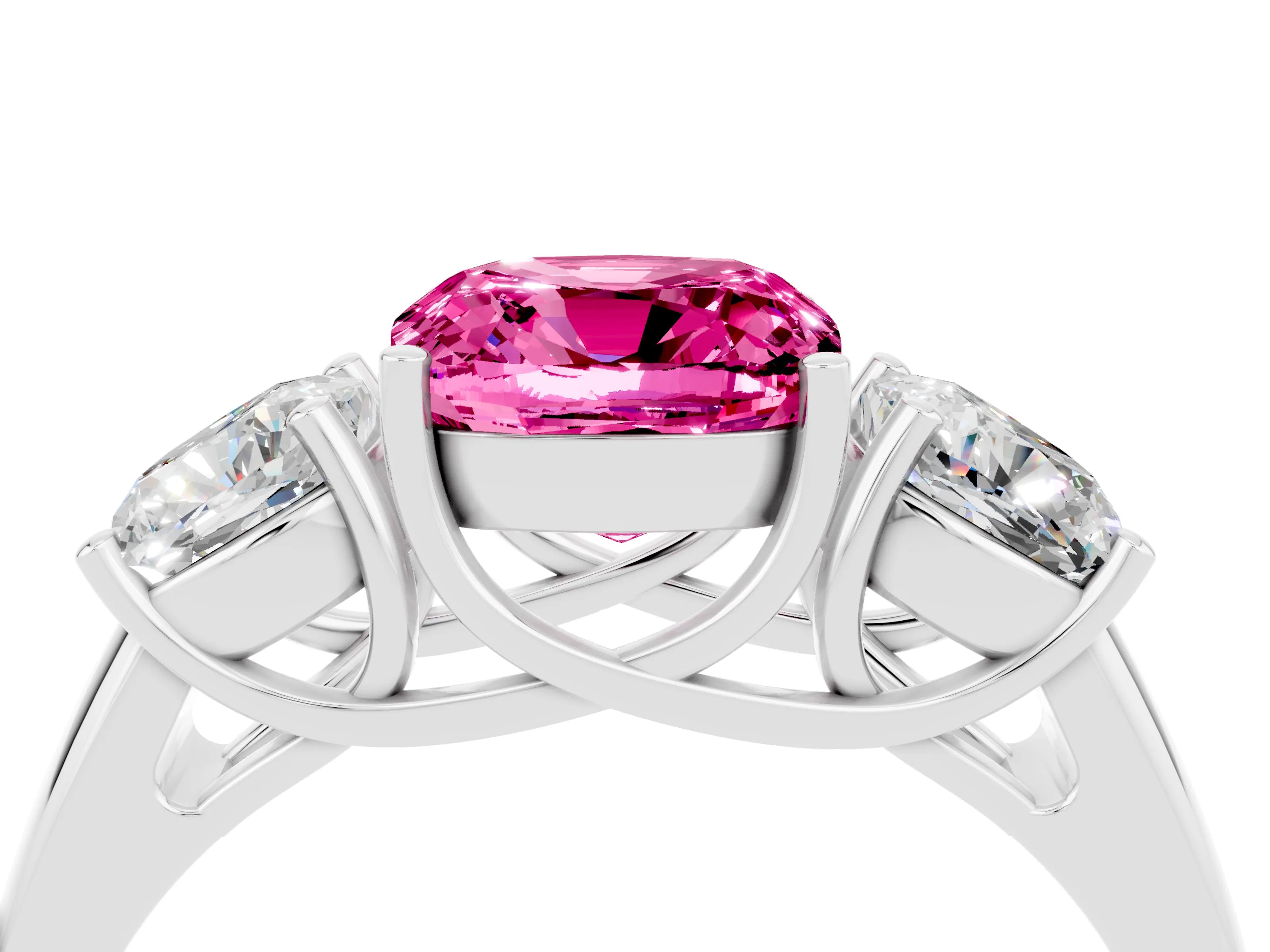 White gold Three-Stone Cushion Cut Pink Sapphire Engagement Ring with Prong Setting_4